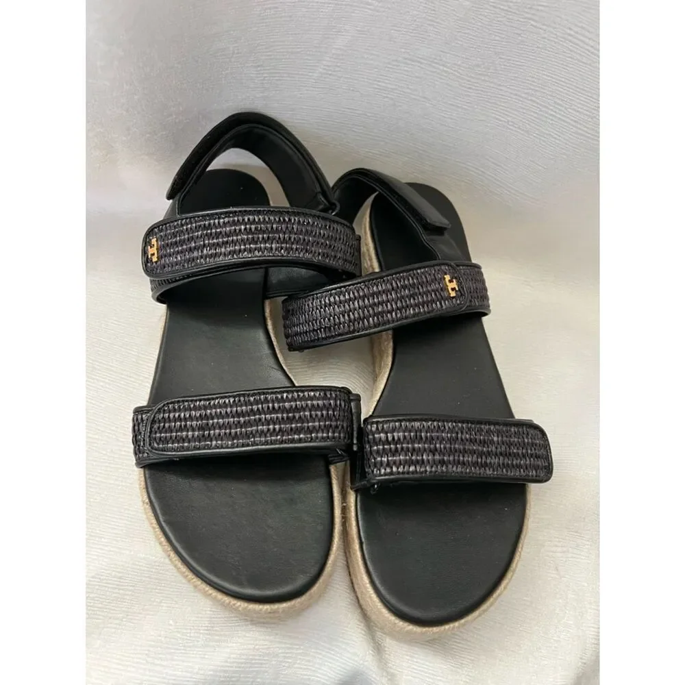 Tory Burch Black Woven Platform Espadrille Sandal in size 9